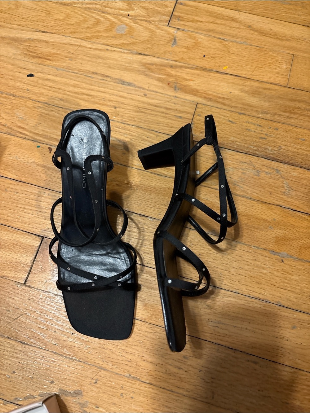 Black Strappy Mid-Heel Sandals with Stud Accents